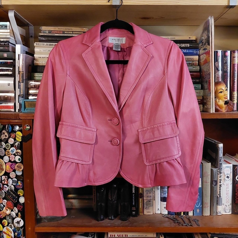 Nine West Pink Leather Jacket Y2K Preppy Ruffle Hem Petite Medium PM‎